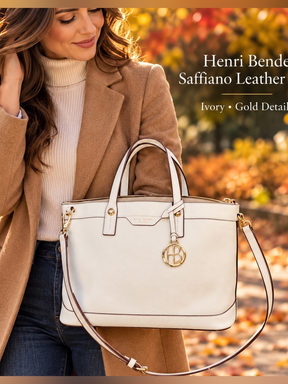 Henri Bendel West 57th Ivory Saffiano Leather Satchel w/ Crossbody Strap